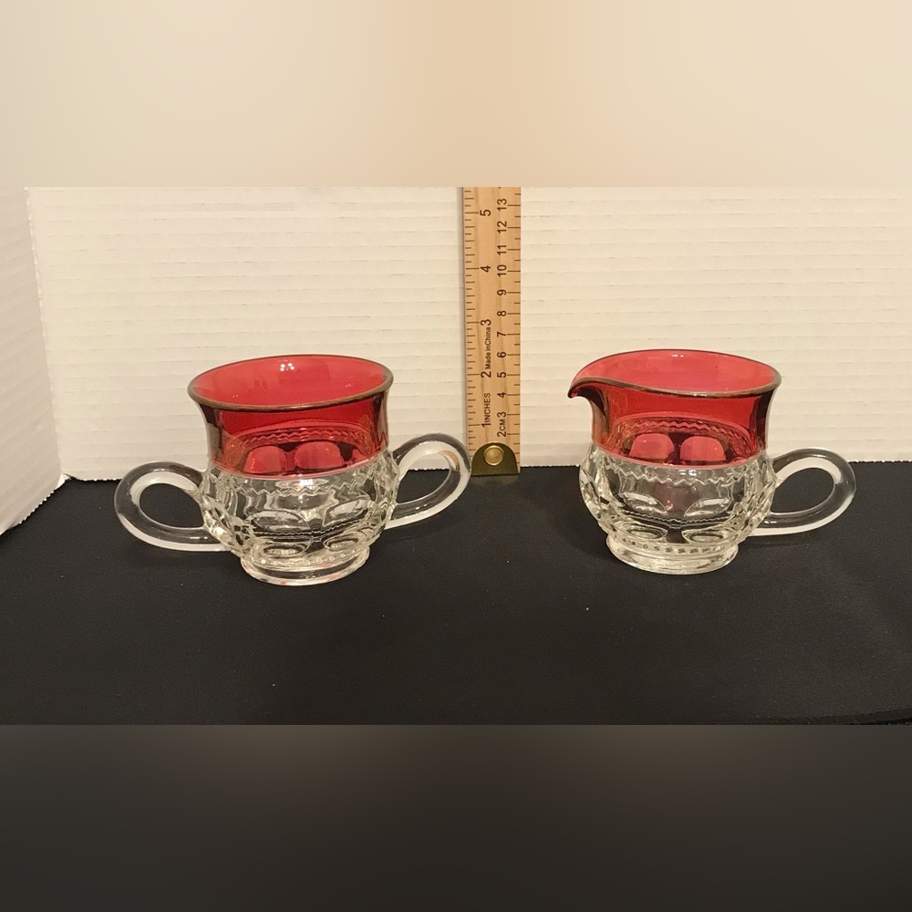 Indiana Glass Kings Crown Ruby Thumbprint Open Sugar Bowl & Creamer
